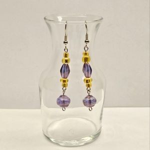 Purple and Yellow Lampwork Glass Beaded Earrings